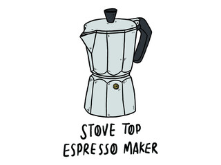 Moka pot, Stove top Coffeemaker sketch engraving raster illustration. Scratch board style imitation. Black and white hand drawn image.