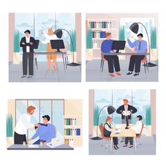 Conflict situations at work concept scenes set. Angry boss yells at employee, colleagues argue. Stress at office. Collection of people activities. Vector illustration of characters in flat design