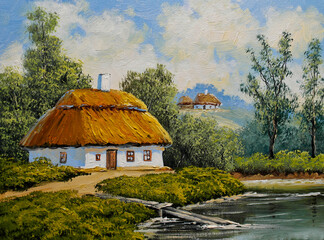 Fototapeta na wymiar Oil paintings rural landscape, old village. Fine art.