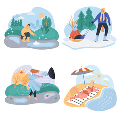Different weather conditions concept scenes set. Walking and family vacations in spring, winter, autumn and summer. Collection of people activities. Vector illustration of characters in flat design
