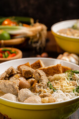 Bakso or baso is an Indonesian meatball, Its texture is similar to the Chinese beef ball, fish ball, or pork ball. The word bakso refer the complete dish of beef broth soup, noodle, tofu and bok choy.