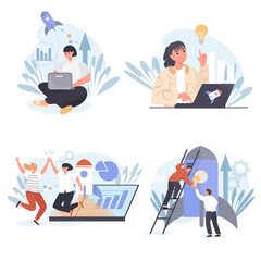 Startup concept scenes set. Men and women launch new business project, successful development strategy, teamwork. Collection of people activities. Vector illustration of characters in flat design