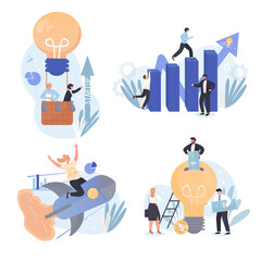 Fototapeta na wymiar Startup concept scenes set. Team start new success business, development projects, introduce innovations in company. Collection of people activities. Vector illustration of characters in flat design