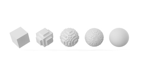 Evolving sequence from pixelized cubes to sphere over white background, evolution, development process or success concept