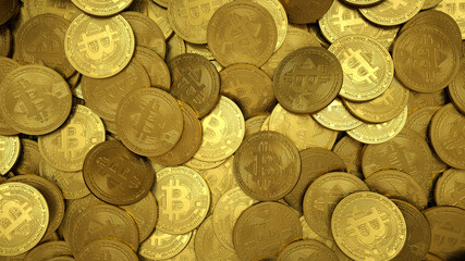 Bitcoin golden coins. A container full of golden cryptocurrency bitcoin coins. 3d rendering.