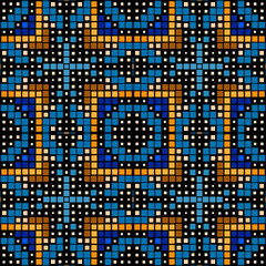 Pixelated colorful mosaic seamless pattern. Vector digital background. Geometric halftone backdrop. Tribal ethnic style squares pixel ornament. Modern decorative textured design. Square shapes, dots