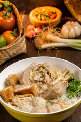 Bakso or baso is an Indonesian meatball, Its texture is similar to the Chinese beef ball, fish ball, or pork ball. The word bakso refer the complete dish of beef broth soup, noodle, tofu and bok choy.