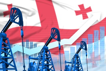 rising up chart on Georgia flag background - industrial illustration of Georgia oil industry or market concept. 3D Illustration