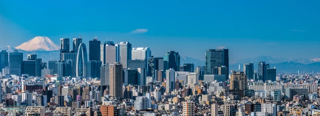 Fototapete Rund Breites Panoramabild von Wolkenkratzern im Bereich Shinjyuku, Tokio. © hit1912