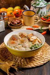 Bakso or baso is an Indonesian meatball, Its texture is similar to the Chinese beef ball, fish ball, or pork ball. The word bakso refer the complete dish of beef broth soup, noodle, tofu and bok choy.