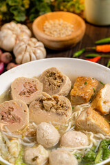 Bakso or baso is an Indonesian meatball, Its texture is similar to the Chinese beef ball, fish ball, or pork ball. The word bakso refer the complete dish of beef broth soup, noodle, tofu and bok choy.