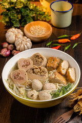 Bakso or baso is an Indonesian meatball, Its texture is similar to the Chinese beef ball, fish ball, or pork ball. The word bakso refer the complete dish of beef broth soup, noodle, tofu and bok choy.
