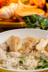 Bakso or baso is an Indonesian meatball, Its texture is similar to the Chinese beef ball, fish ball, or pork ball. The word bakso refer the complete dish of beef broth soup, noodle, tofu and bok choy.