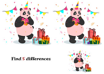  Joyful pink panda and gifts. Vector illustration of a game for children Find the difference.