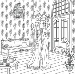 Fototapeta na wymiar Man seduces woman vector illustration, Romantic coloring page, Erotic coloring page, Adult coloring