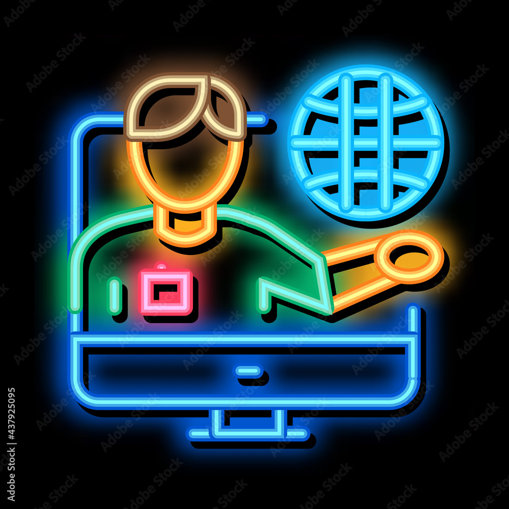 Poster online computer guide neon light sign vector. glowing bright icon online computer guide sign. transp