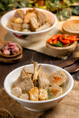 Bakso or baso is an Indonesian meatball, Its texture is similar to the Chinese beef ball, fish ball, or pork ball. The word bakso refer the complete dish of beef broth soup, noodle, tofu and bok choy.