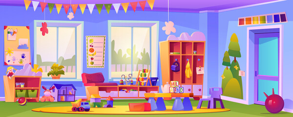 Obraz premium Interior of empty kindergarten classroom, room with toys and educational cubes. Education and obtaining knowledge for pupils, preschool learning and studying by games. Cartoon vector in flat style
