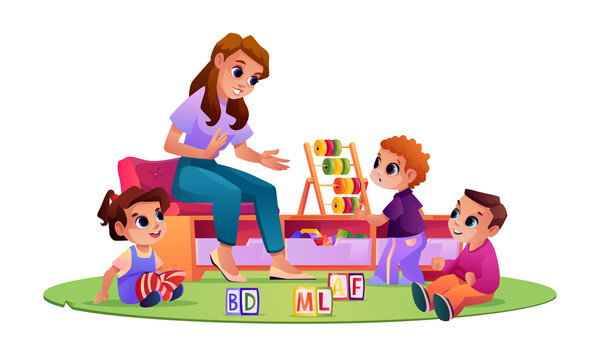 Children and kindergarten teacher at playground playing and studying. Kids listening to educator telling stories and explaining material. Boys and girl with toys. Cartoon character, vector in flat