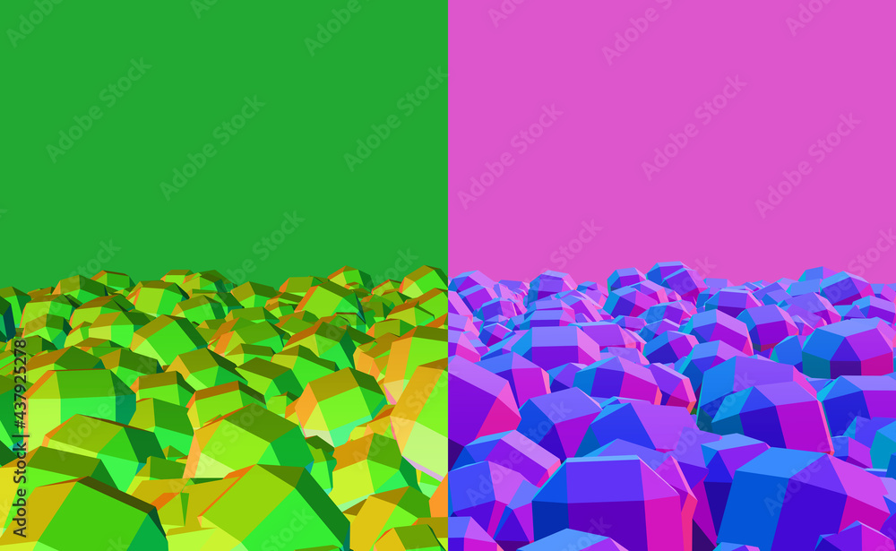 Poster color poster, ultraviolet and lilac. 3d illustration of random elements on the floor. polygons filli