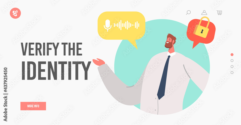 Poster verify the identity landing page template. businessman character voice recognition system, access to