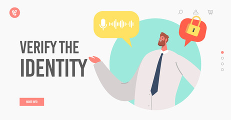 Verify the Identity Landing Page Template. Businessman Character Voice Recognition System, Access to Profile in Internet