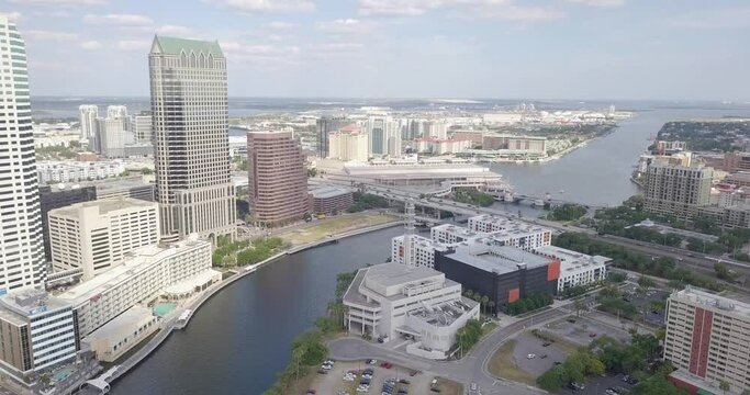 Drone Flight Over Hillsborough River Towards Downtown Tampa