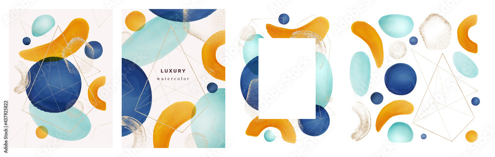 Poster geometric abstract shapes and gold glitter brushes on covers and frames. posters collection, set of 