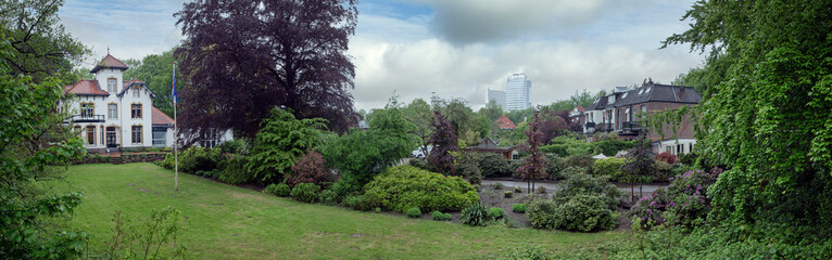 Estate at Vijverbergweg with panorama of skyline Zwolle Overijssel Netherlands. Park and garden Panorama.
