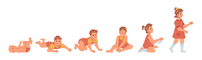 Development and aging of small baby girl, cute newborn kid turning into toddler. Cartoon female character, childhood and growth, crawling and starting to walk. Vector in flat style illustration