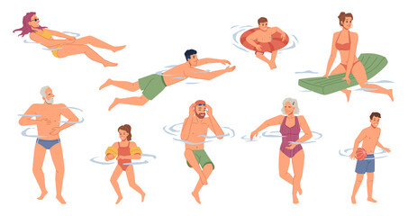 People in swimsuits swimming in pool, river, sea ocean waters isolated flat cartoon characters set. Vector swimmers, summer sport activities, hobby recreation. Man woman, kids and senior in swimwear