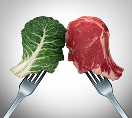 Food choices and health related eating options as a human head shaped green vegetable kale leaf and meat as a red steak for nutritional decisions and diet or dieting dilemma