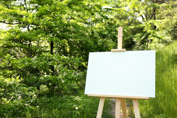 Wooden easel with blank canvas in picturesque countryside