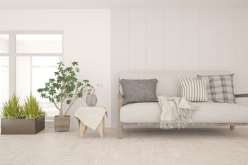 Stylish room in white color with sofa. Scandinavian interior design. 3D illustration