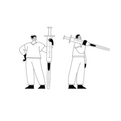 Black and white illustration of two doctors standing in heroic poses holding giant syringes. Covid vaccination concept