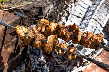 Pork fried in the fire..Pork shad on skewer.