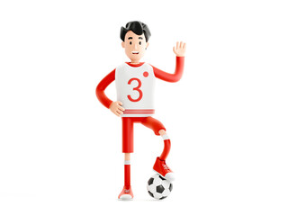 Cartoon character in a sports red uniform. Football or soccer player with a ball isolated on white background. 3d rendering.