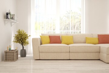 White living room with sofa. Scandinavian interior design. 3D illustration