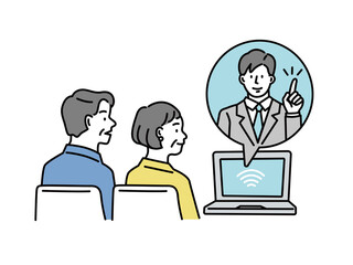 シニア世代の夫婦の将来設計のイラスト(見積、投資、交渉、積立、オンライン、運用、プレゼン、契約、プラン、セールス) Couple future design illustrations (estimate, investment, negotiation, sales, accruals, taxes, deals, sales, presentations, contracts, plans)