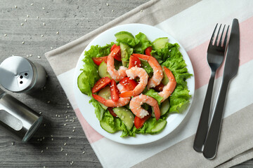 Concept of tasty eating with shrimp salad