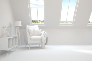 Fototapeta na wymiar Mock up of stylish room in white color with armchair. Scandinavian interior design. 3D illustration