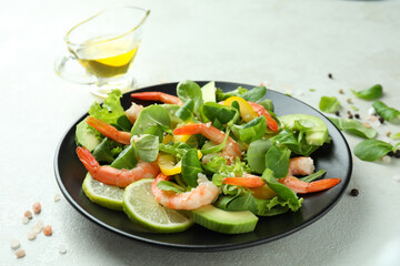 Concept of tasty eating with shrimp salad
