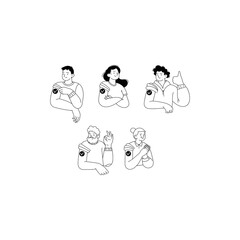 Set of monochrome line portraits of people of different genders and ages with patches on their shoulders, just vaccinated