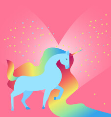 Magic blue rainbow unicorn on pink background with stars and hearts. Editable vector illustration