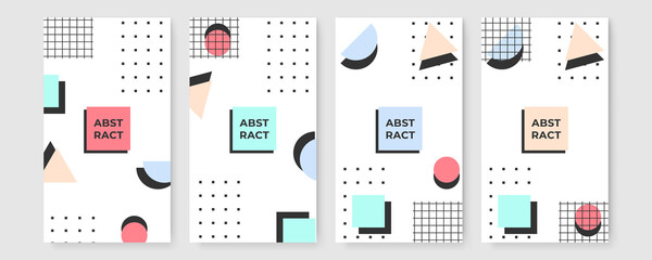 Set of isolated memphis style abstract shapes with geometric triangle and dots. Red and blue, yellow and violet texture made of shapes for minimalistic background. Template with geometric form