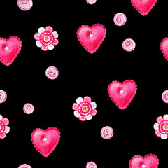 Watercolor seamless pattern of handmade hearts. Seamless pattern for wedding or Valentine's day.