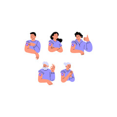 Set of portraits of people of different genders and ages with patches on their shoulders right after the vaccination. Men and women vaccinated