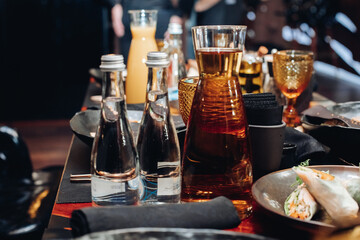 Drinks of the table in restaurant. served food at banquet.