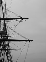 Monochromatic image of a bunch of tall masts.