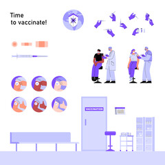 Collection of objects and illustrations about covid vaccination. Icons characters and hospital interior.